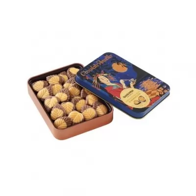 Bomboane de ciocolata cu lapte si crema de fructul pasiunii in cutie metalica Amatller 60g